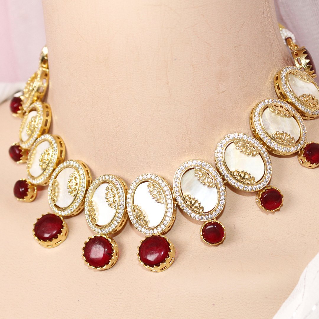 GULMOHAR - MOTHER OF PEARL STONE NECKLACE SET - RED