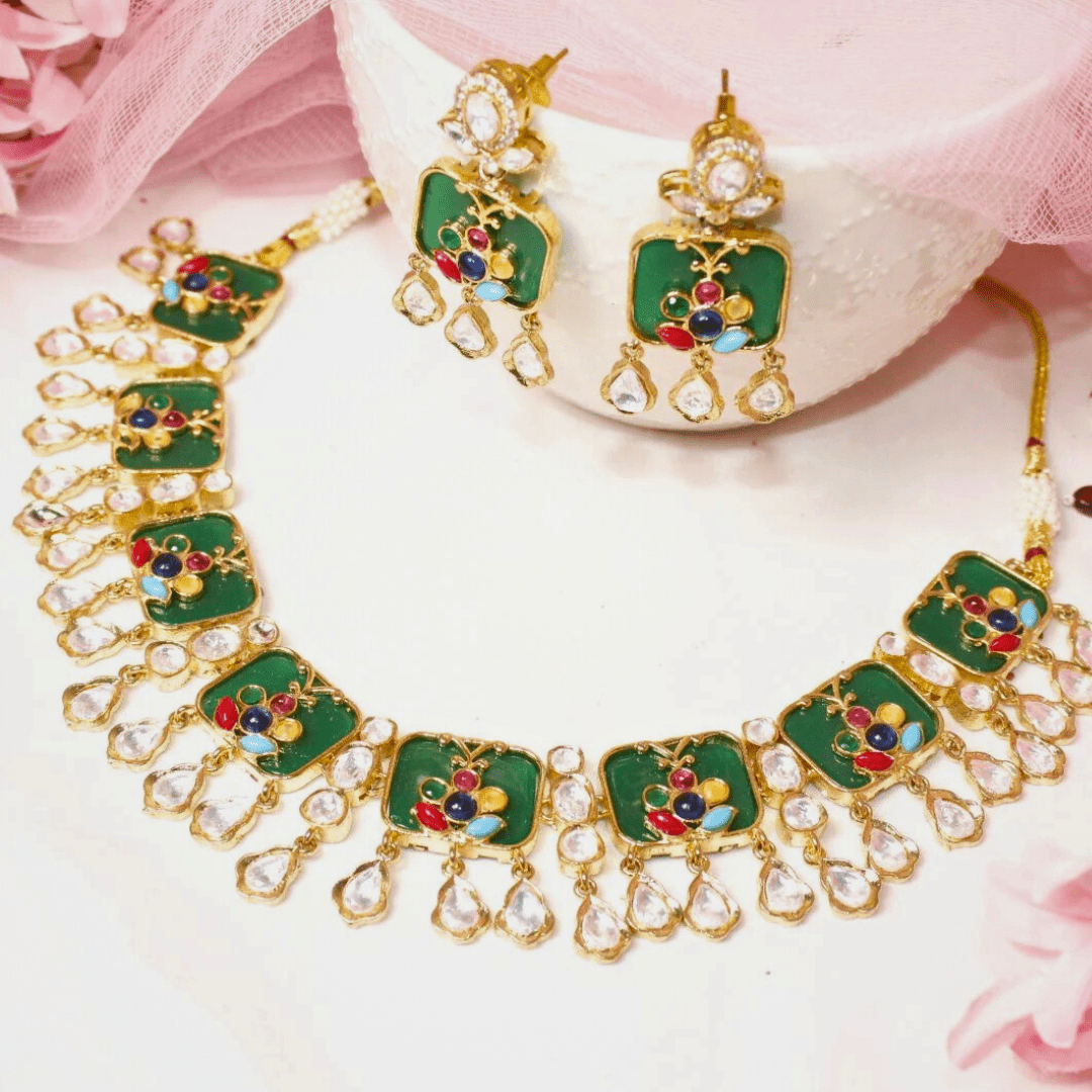GULMOHAR - POLKI & STONE NECKLACE - GREEN