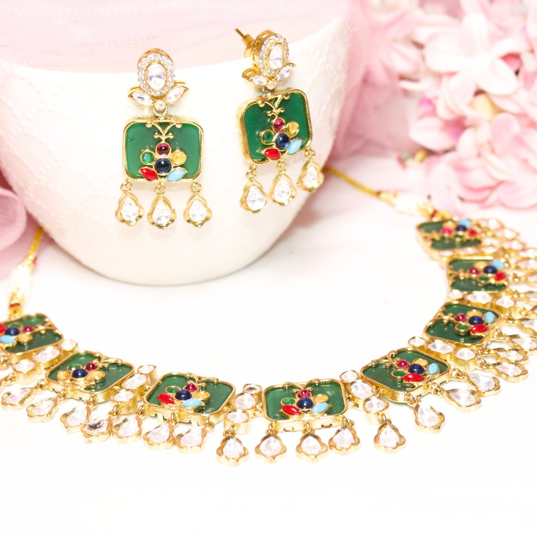 GULMOHAR - POLKI & STONE NECKLACE - GREEN