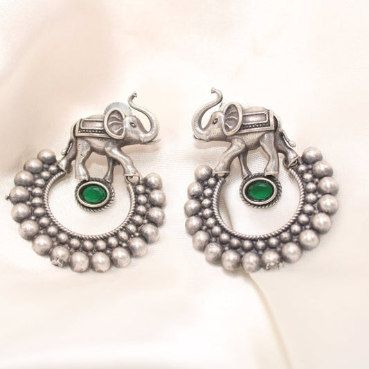 HAATHI WITH DOTTED RING PATTERN OXIDISED JHUMKA-GREEN