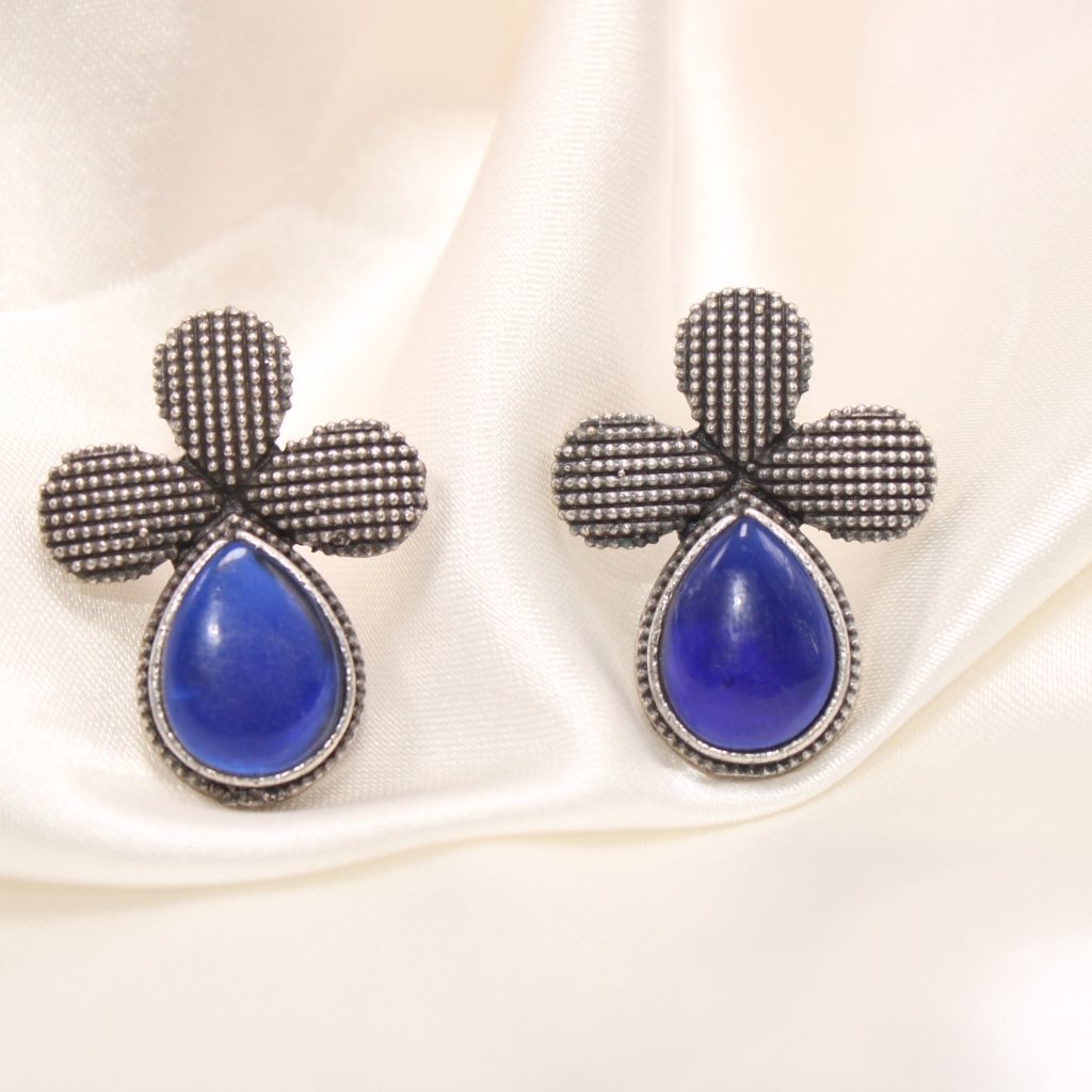 HALF FLOWER & DROP PATTERN STUD WITH STONE - BLUE