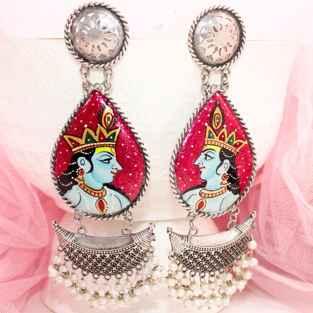 HANDPAINTED BIG JHUMKA - ORANGE PINK & BLUE