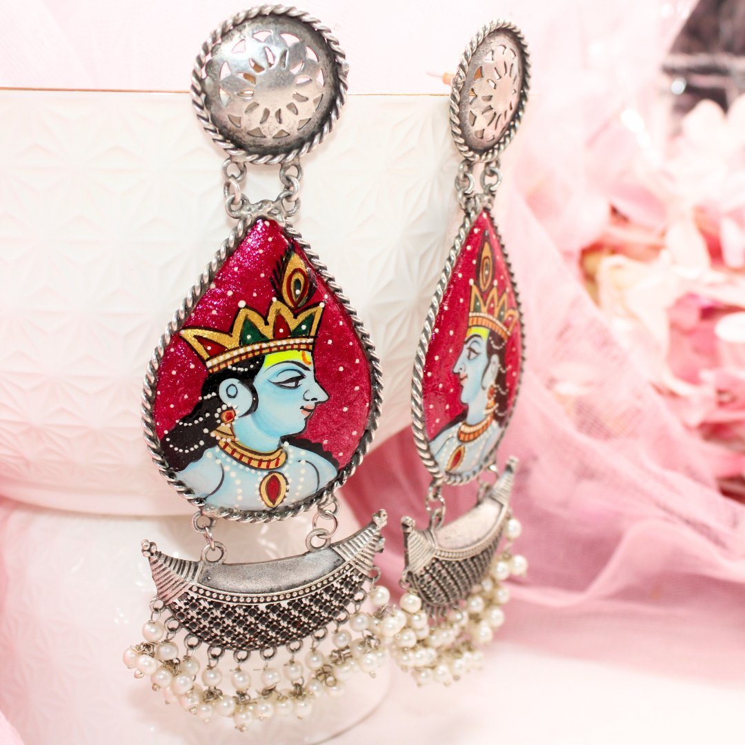 HANDPAINTED BIG JHUMKA - ORANGE PINK & BLUE