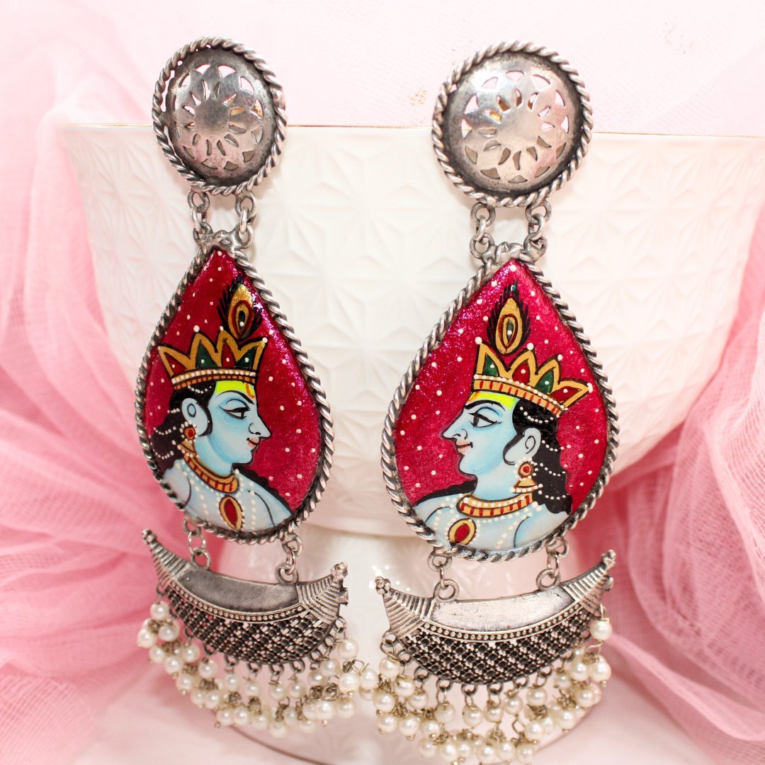 HANDPAINTED BIG JHUMKA - ORANGE PINK & BLUE