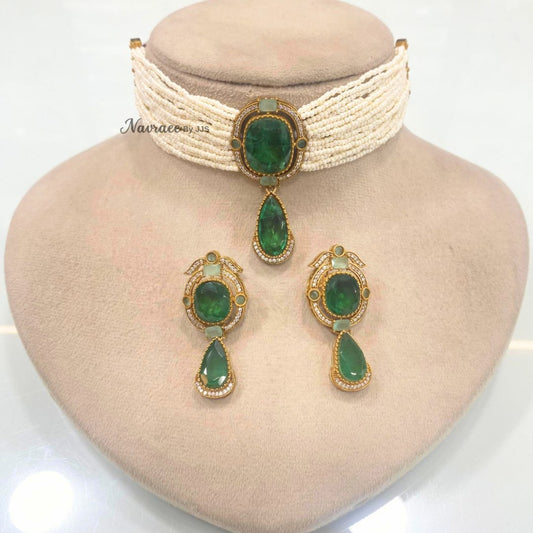 Jadau Choker and Earring Set with Pearl Strands-GREEN