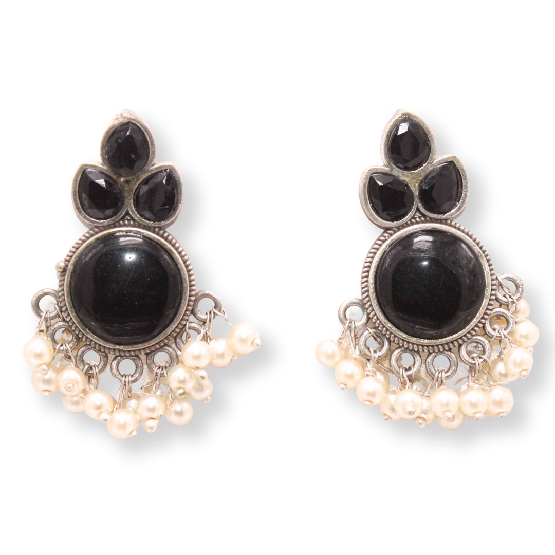 KALASH PATTERN WITH STONES & PEARLS STUDS - BLACK