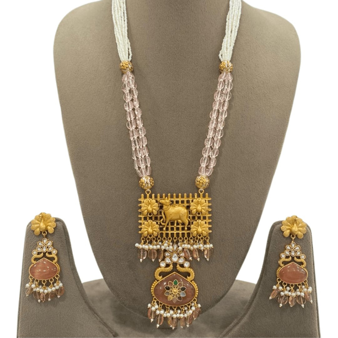Kamadhenu Motif Temple Necklace Set – Rose Blush Beads & Antique Gold Fini