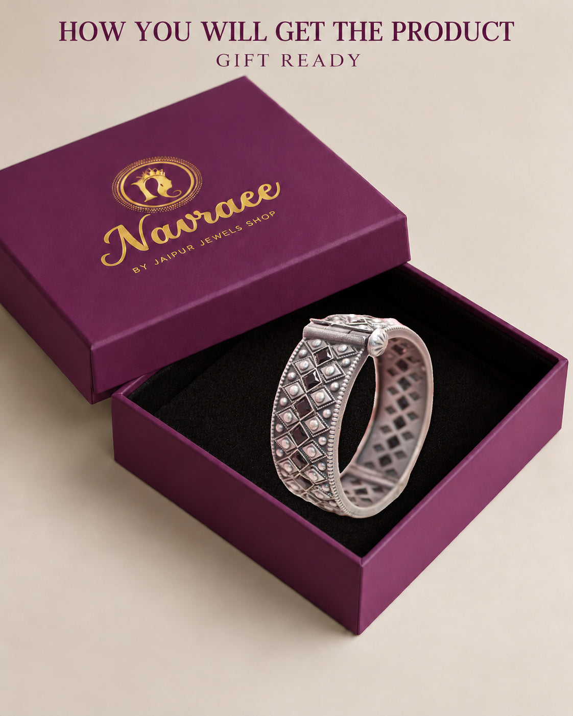 Kaveri-Oxidised Silver Look Alike Kada-Black, displayed inside the Navraee presentation box — gift ready.