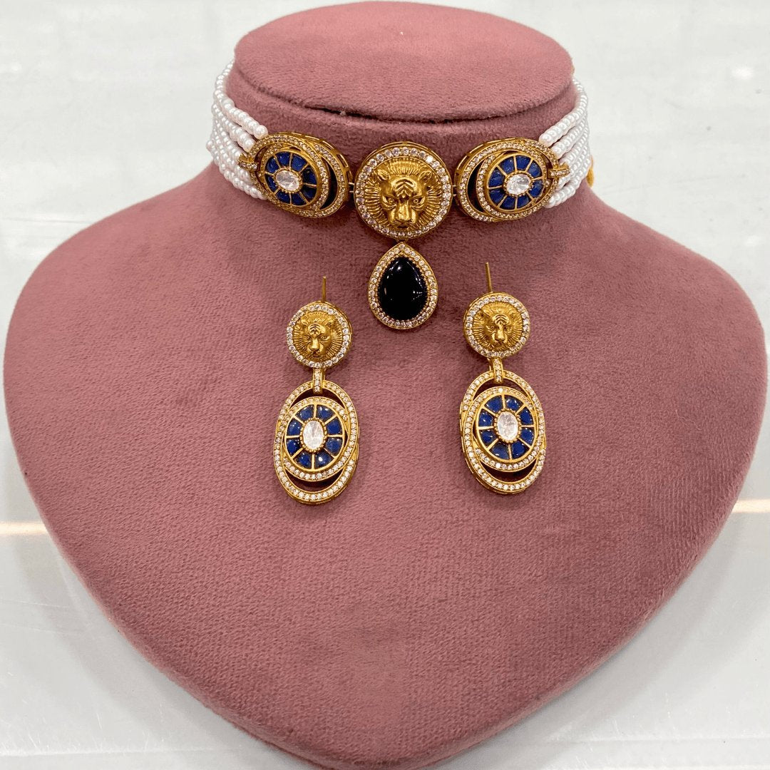 Lion Motif Pearl & Sapphire Inspired Jewellery Set