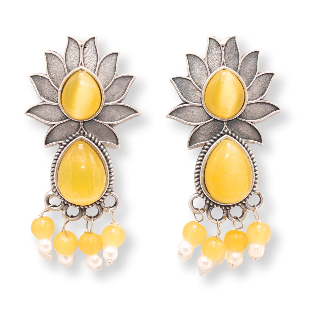 LOTUS FLOWER WITH TEAR DROP STONE EARRING - YELLOW