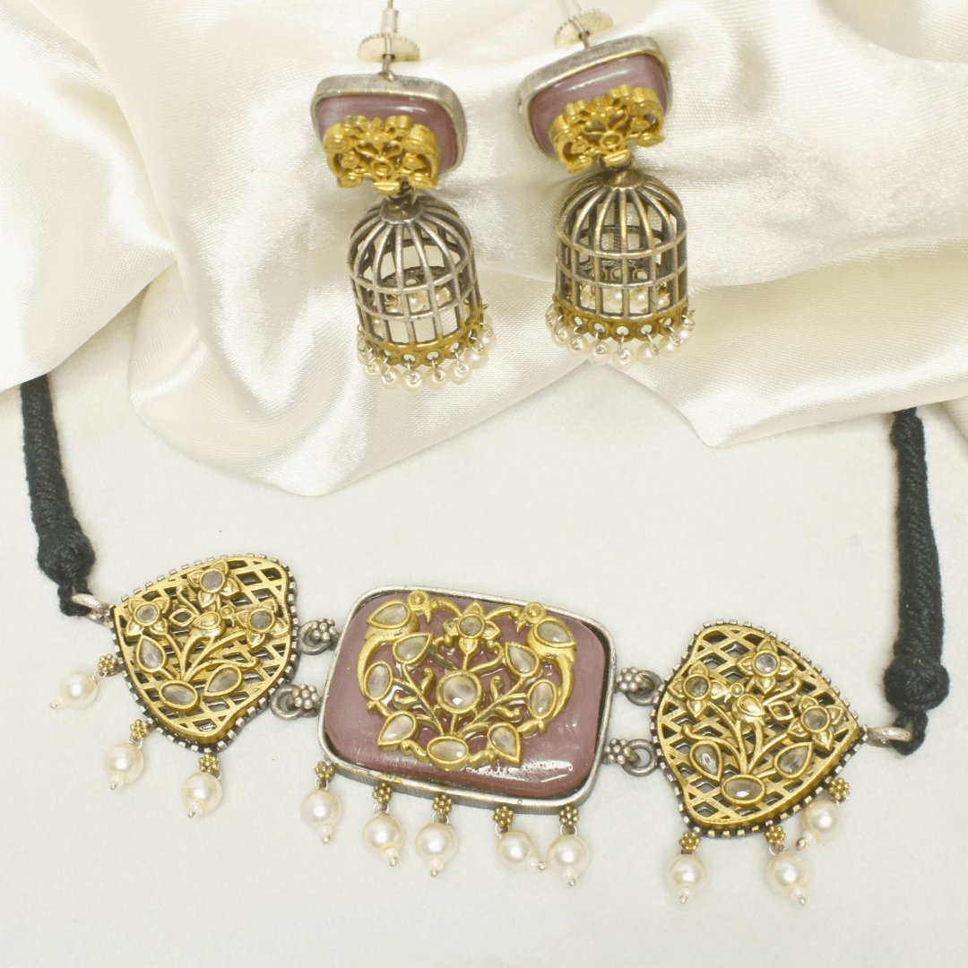 Mauve Pink Enamel Choker Set with Birdcage Pearl Jhumka Earrings