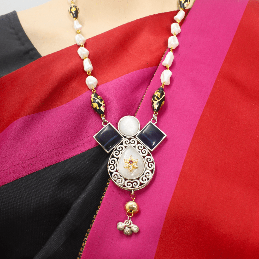 MEENAKARI DUAL - TONE BLUE & WHITE NECKLACE SET WITH PEARLS – HANDCRAFTED ETHNIC JEWELRY