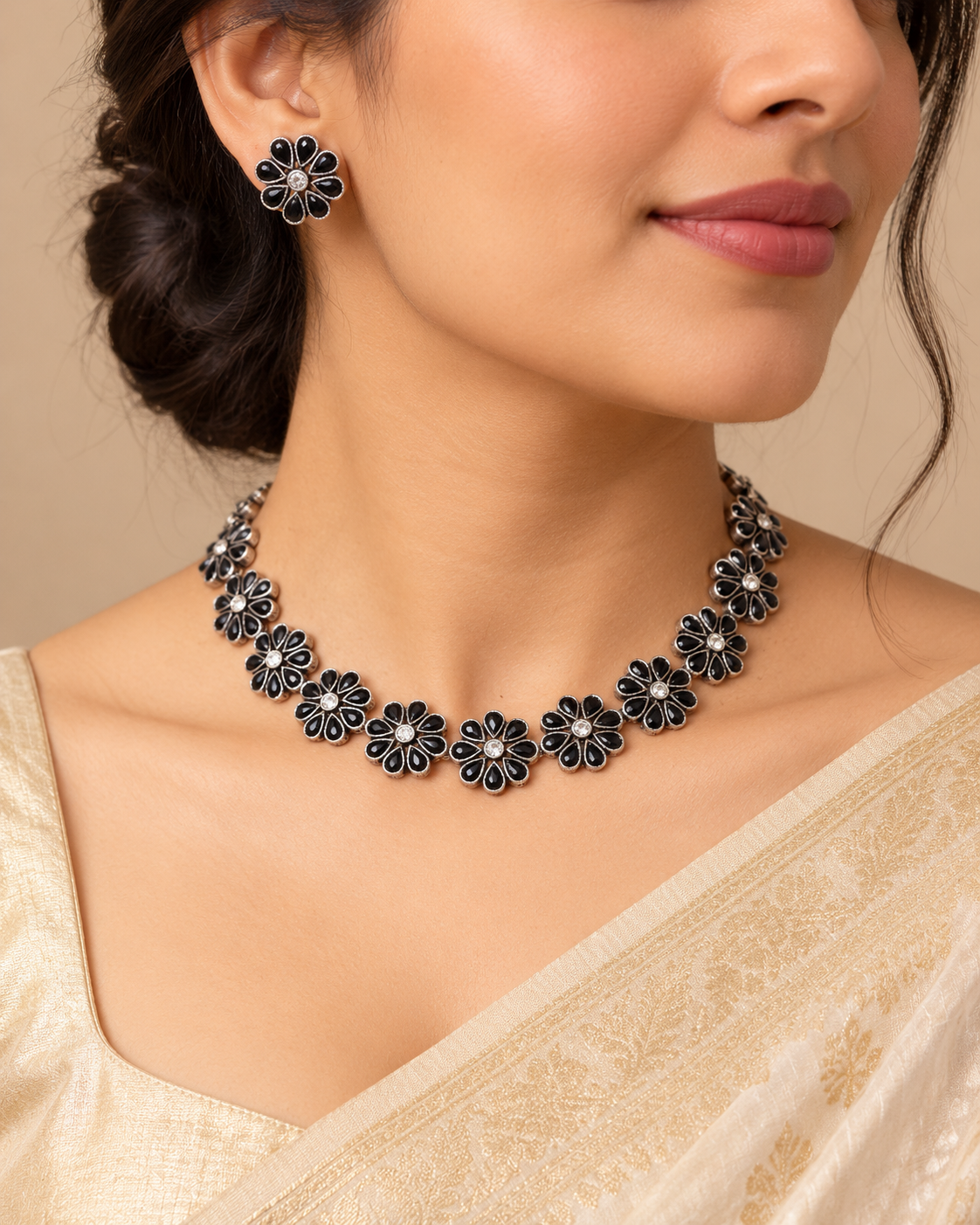 Stone Flower Oxidised Necklace With Matching Earrings-Black — AI-styled model view; proportions referenced to original product photographs