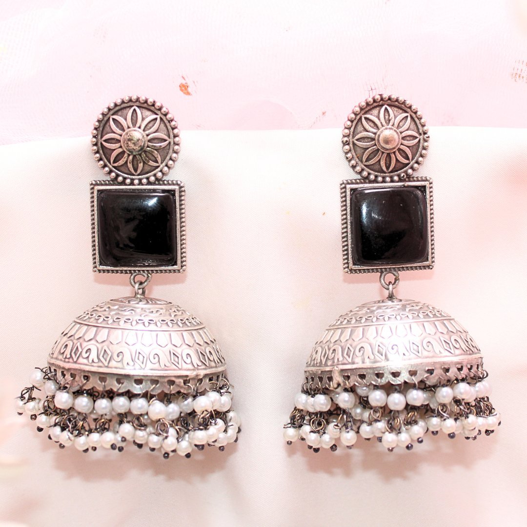 MONALISA STONE SILVER LOOK ALIKE BIG JHUMKA - BLACK