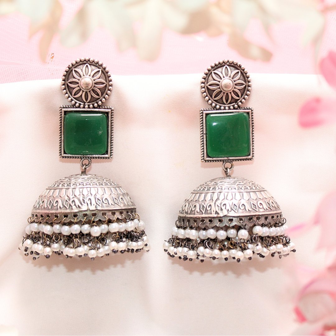 MONALISA STONE SILVER LOOK ALIKE BIG JHUMKA - GREEN
