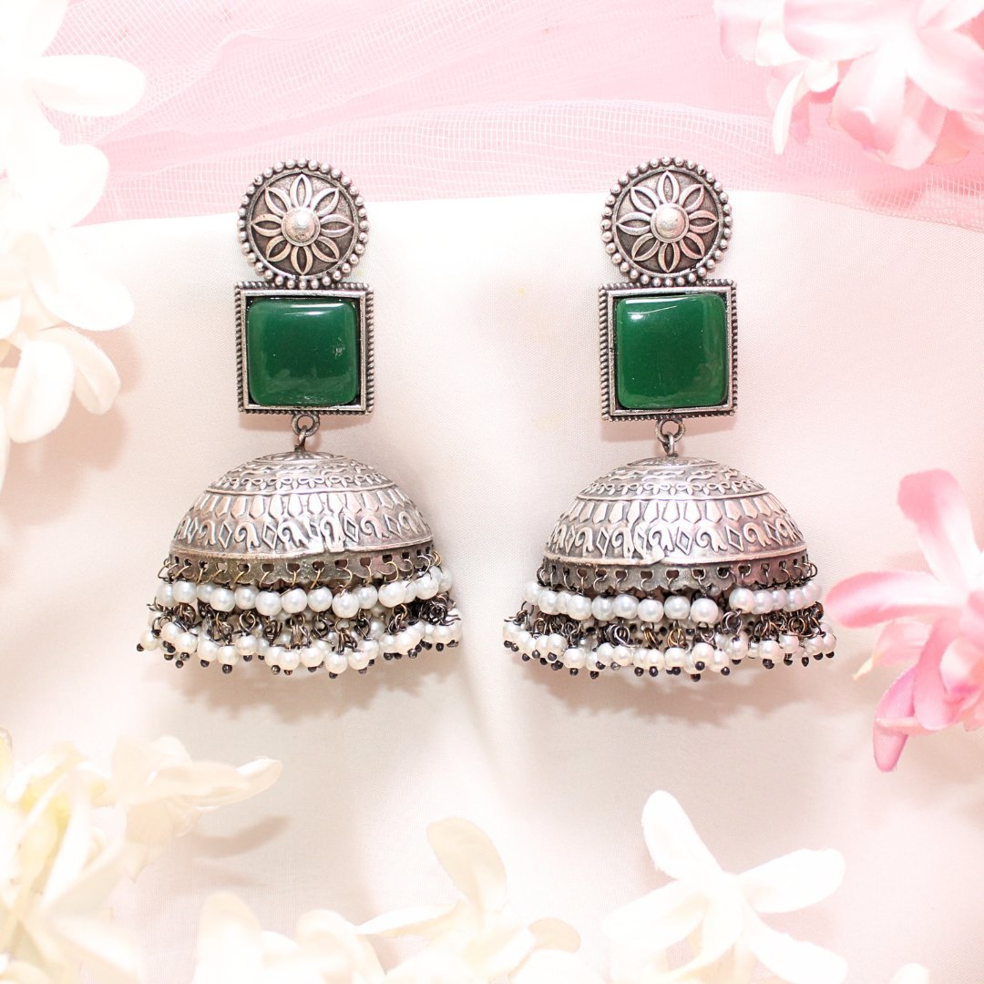 MONALISA STONE SILVER LOOK ALIKE BIG JHUMKA - GREEN