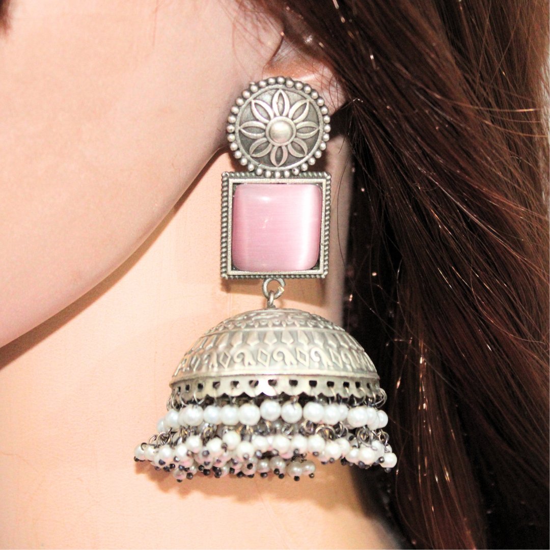 MONALISA STONE SILVER LOOK ALIKE BIG JHUMKA - PINK