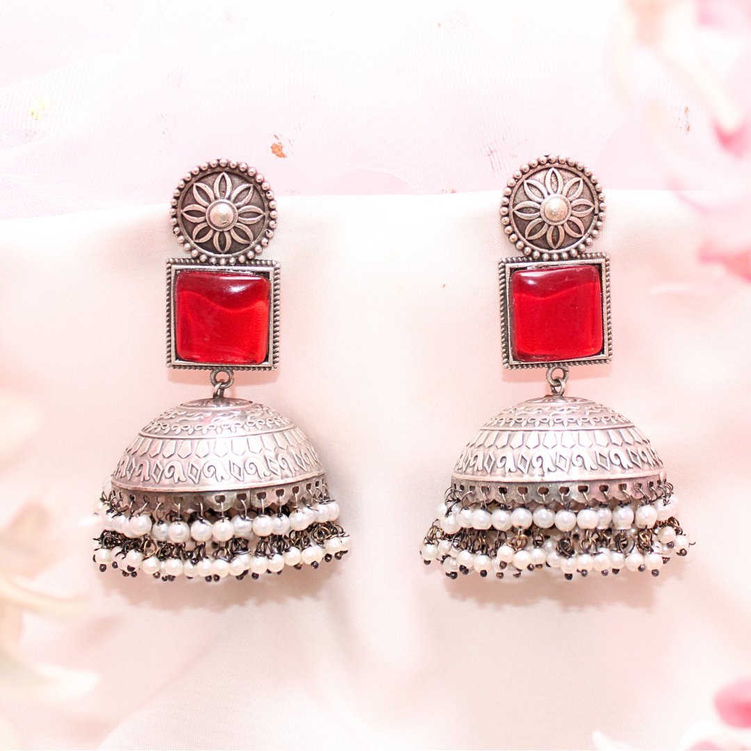 MONALISA STONE SILVER LOOK ALIKE BIG JHUMKA - RED
