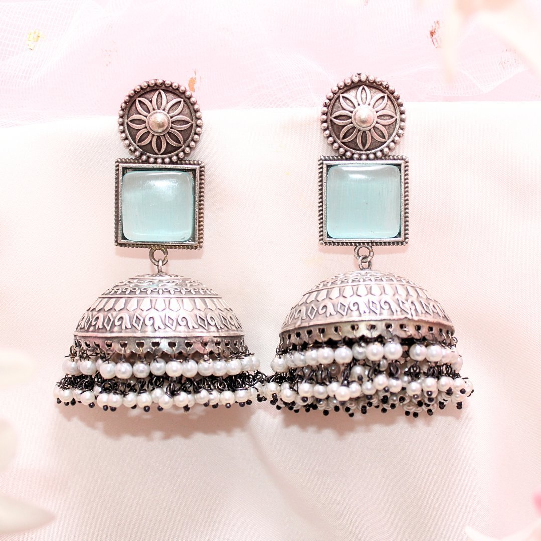 MONALISA STONE SILVER LOOK ALIKE BIG JHUMKA-SKY BLUE