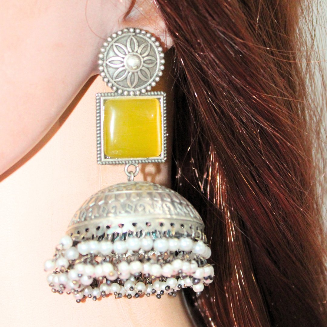 MONALISA STONE SILVER LOOK ALIKE BIG JHUMKA - YELLOW