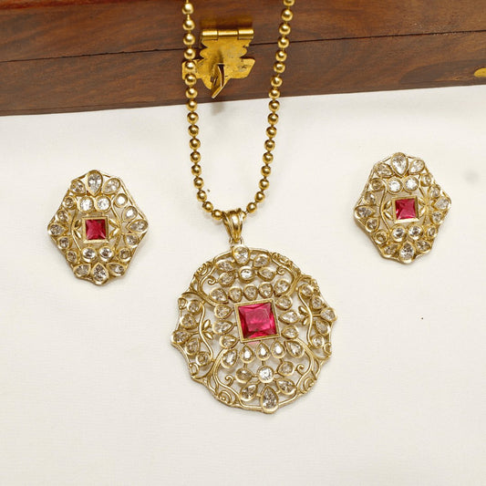 Mughal-Inspired Floral Jadau Pendant Set – Ruby Red & Moissanite Detaili