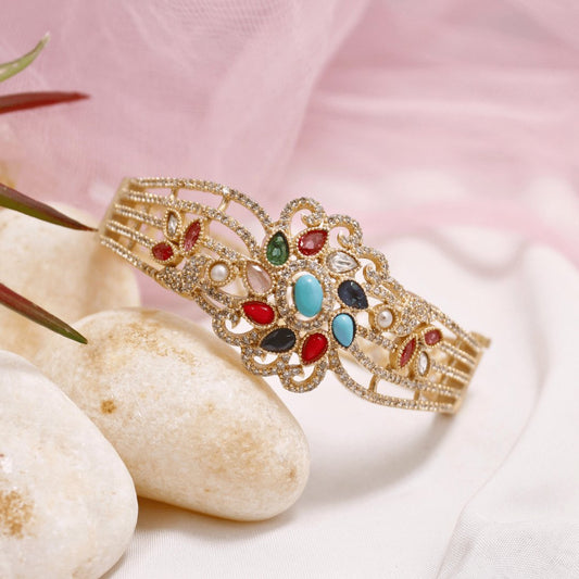 Multicolour Stone Openable AD Kada – Navratna Inspired Gold Bracelet