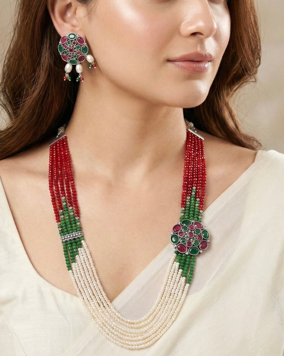NAGINA LONG NECKLACE SET - GREEN&MAROON