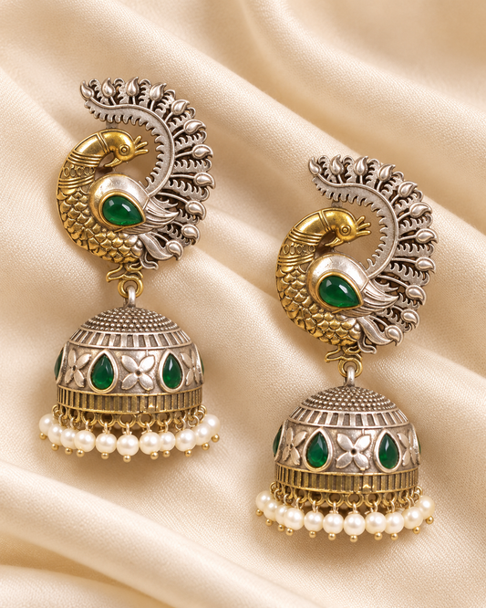 Paisley Stone Jhumka Earrings - Green — AI-styled closeup view