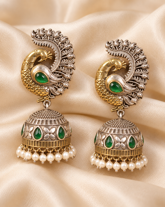 Paisley Stone Jhumka Earrings - Green — AI-styled earring detail view