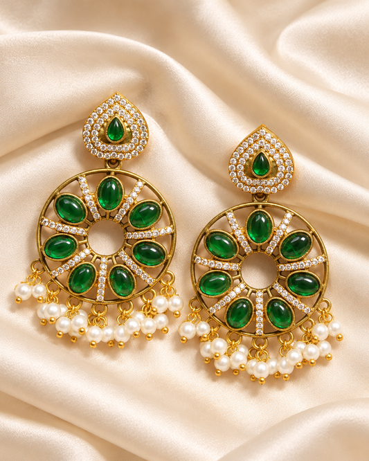 Floral Green Stone Pearl-Style Fringe Earrings - Green — AI-styled closeup view