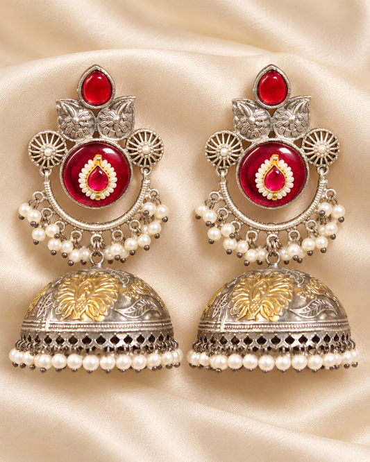Round Stone Dual Tone Jhumka Earrings - Ruby - closeup view