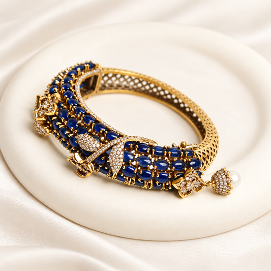 Royal Blue Beaded Leaf Motif Layered Kada — Retouched product hero view from original photographs