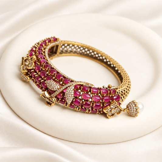 Ruby Pink Beaded Leaf Motif Layered Kada — Retouched product hero view from original photographs