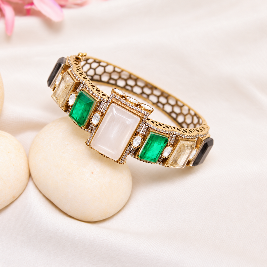 Ivory & Emerald Rectangle Stone Openable Kada — Retouched product hero view from original photographs