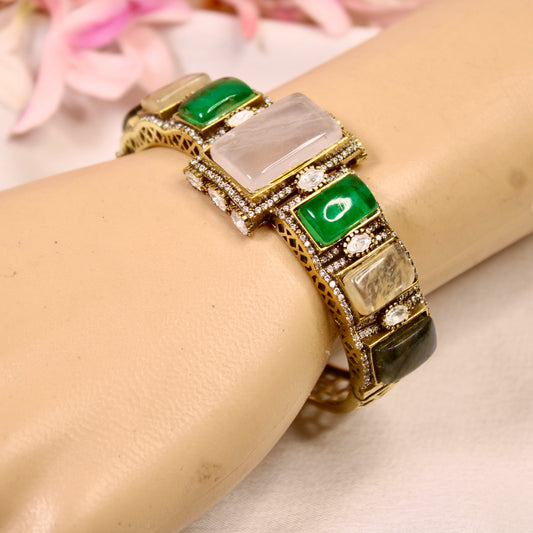 Ivory & Emerald Rectangle Stone Openable Kada – wrist view