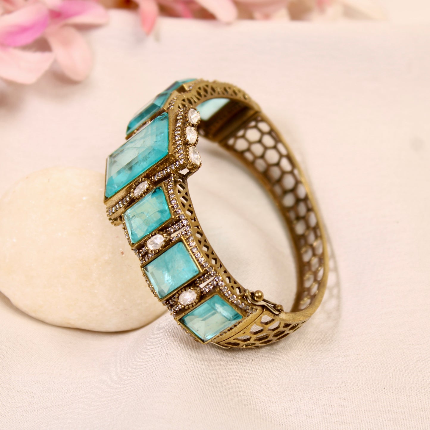 Aqua Blue Rectangle Stone Openable Kada – product detail view
