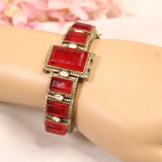Ruby Red Rectangle Stone Openable Kada – wrist view