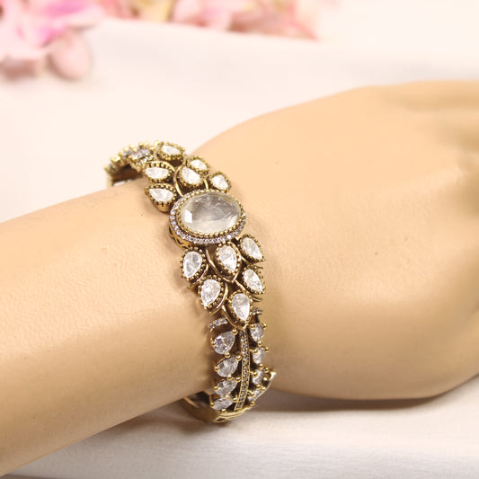 Ivory Oval Cabochon Polki Leaf Kada – wrist view