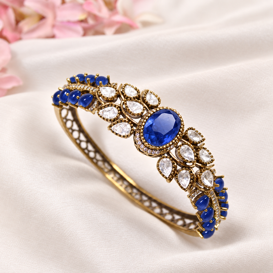 Royal Blue Oval Cabochon Polki Leaf Kada — Retouched product hero view from original photographs