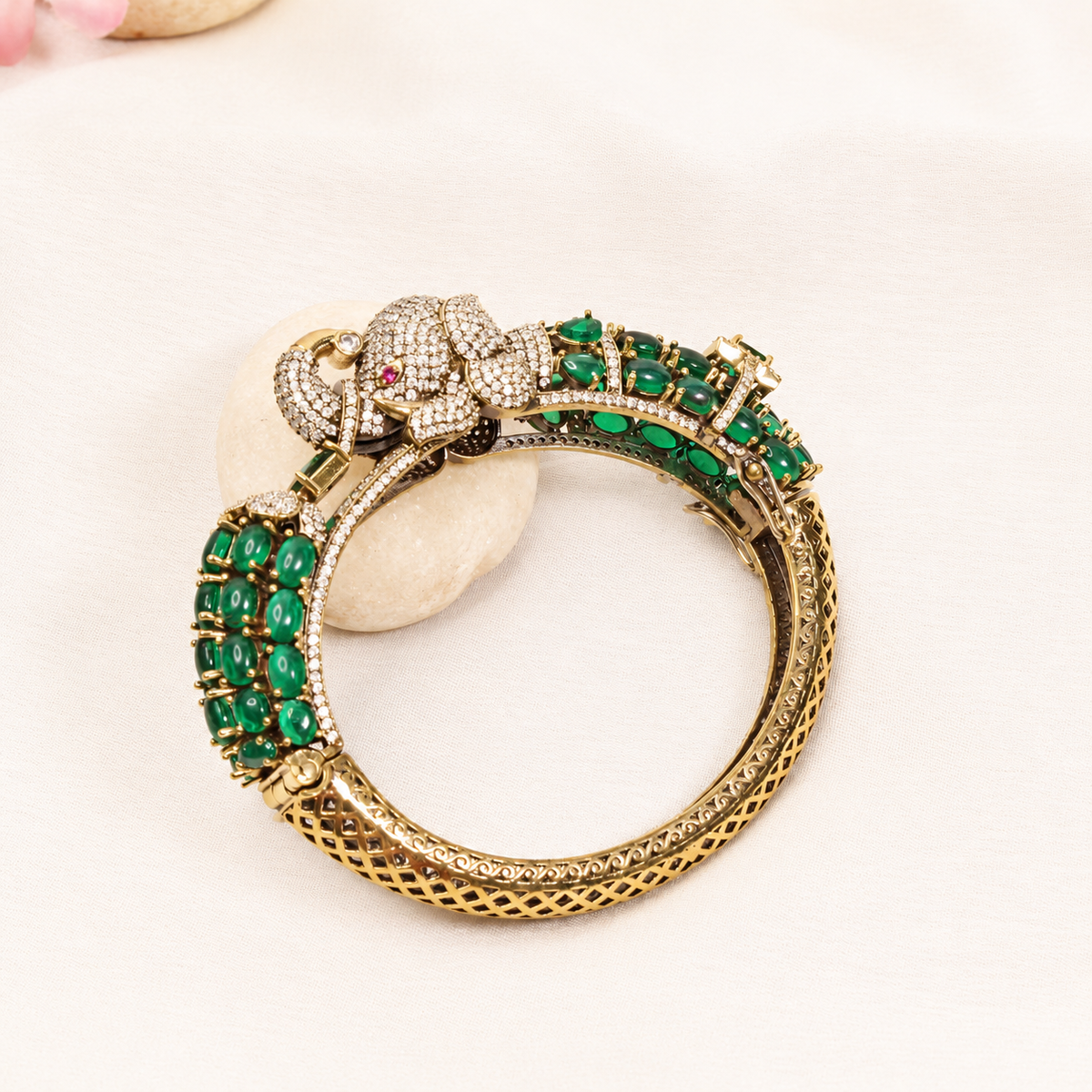 Elephant Motif Stone-Studded Openable Kada - Green — retouched original photograph IMG_7809