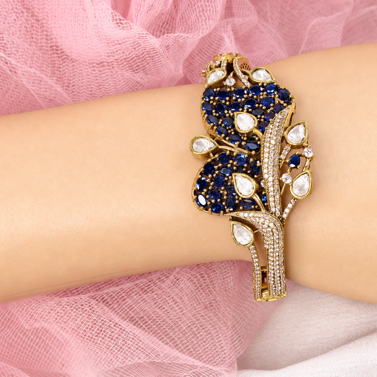 Leaf Motif Stone and Clear Teardrop Kada - Blue — retouched original photograph IMG_7891