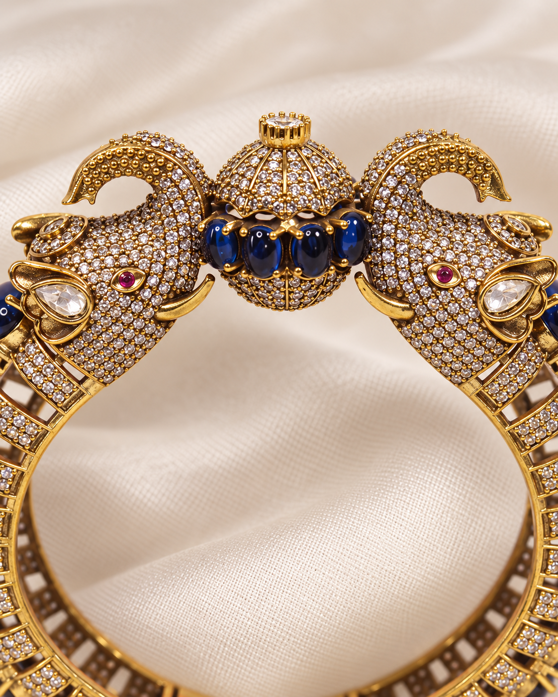 Twin Elephant Stone Openable Kada - Blue - ornament detail