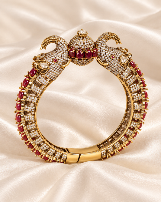 Twin Elephant Stone Openable Kada - Ruby - closeup view