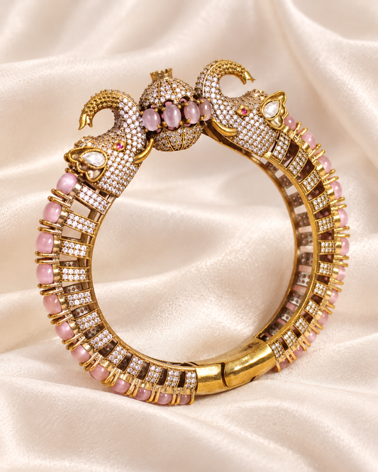 Twin Elephant Stone Openable Kada - Pink - closeup view