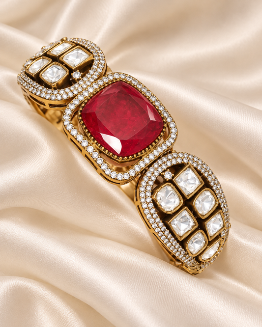 Cushion Centre Stone and Clear Panel Kada - Ruby — AI-styled closeup view