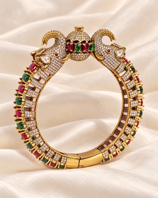 Twin Elephant Stone Openable Kada - Ruby and Green - closeup view