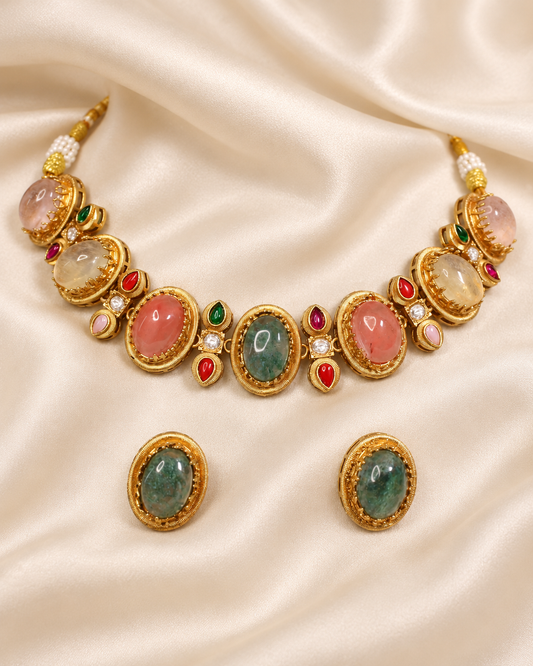 Oval Multicolour Stone Collar Necklace Set - Green Earrings — AI-styled closeup view