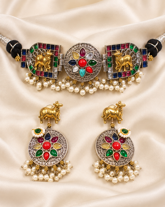 Animal Panel Dual Tone Choker Set - Multicolour — AI-styled closeup view
