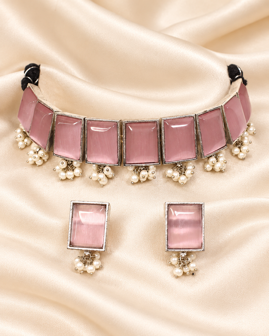 Rectangular Stone Pearl-Style Fringe Choker Set - Pink — AI-styled closeup view