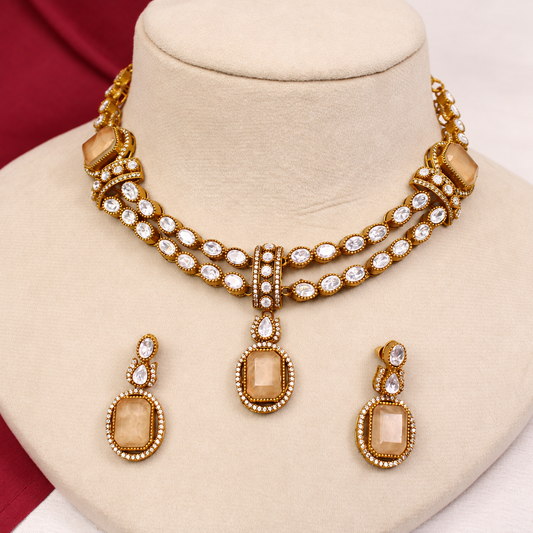 Double Row Clear Stone Drop Necklace Set - Champagne — retouched original photograph IMG_8285